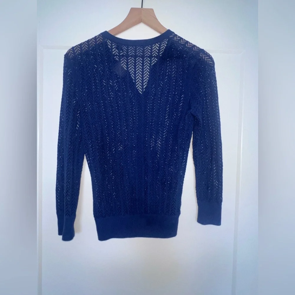 TRINA TURK blue herringbone open weave cotton/nylon cardigan, size small